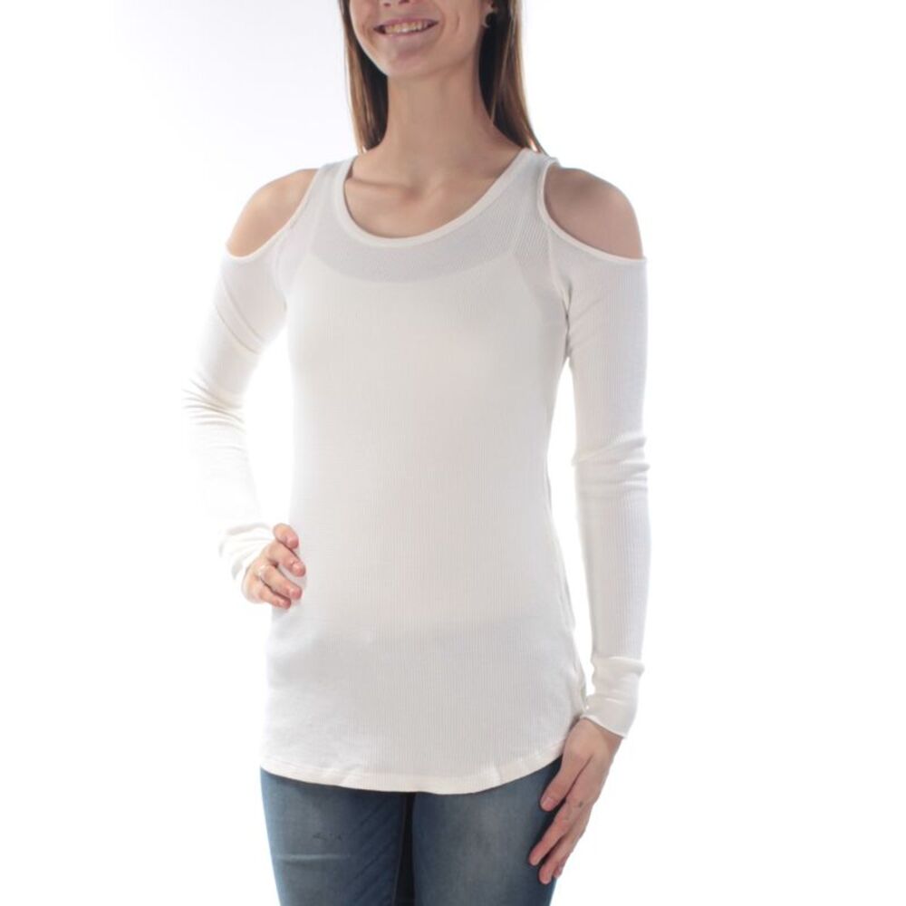 CHELSEA SKY Womens Ivory Cut Out Long Sleeve Jewel Neck Top S